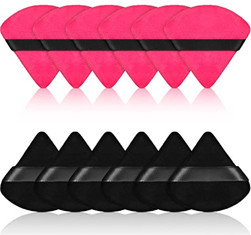 12 Puderquasten für Gesichts-Make-up, dreieckig, für freies Puder, Make-up-Schwamm, Kosmetik, weich, Make-up-Werkzeug, Mineralpuder, trocken, nass (Schwarz, Rosa, Rot)
