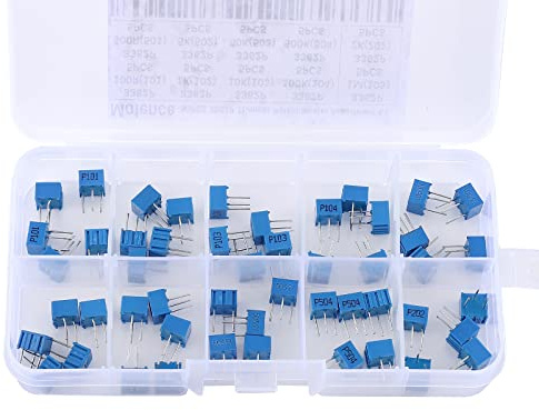 Molence 50PCS 3362P Single Turn Trimmer Potentiometer Assortment Kit 100 500 1K 2K 5K 10K 50K 100K 500K 1M ohm Breadboard Resistance with Plastic Box for Arduino PCB