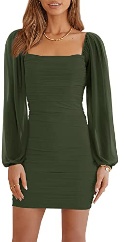 Wenrine Damen Kleider Party Cocktail Club Bodycon Kleid Hochzeitsgast Mesh Langarm Square Neck Minikleid Slim Fit(Armee Grün,M)