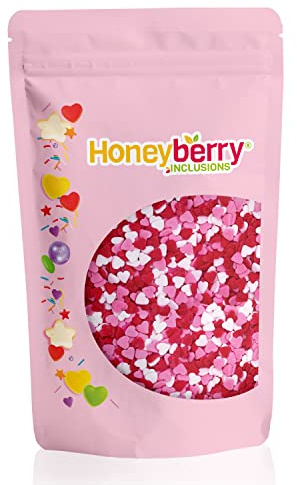 HONEYBERRY INCLUSIONS Corazones rosados, rojos y blancos, 200 g, gránulos comestibles de primera calidad para hornear, decoración de pasteles, cupcakes, helados, postres y glaseados, toppings