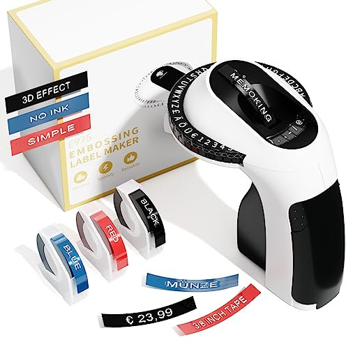 Memoking E975 Beschriftungsgerät Prägegerät - 3D Etikettiergerät mit 3 Rollen Prägegerät Etiketten, Handgerät Etikettenprägegerät mit Prägung, Tragbare Etikettiergerät für Haus, DIY (£/€, Ä, Ö, Ü)