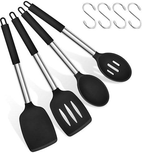 Herogo Pfannenwender Kochlöffel Set, Silikon Küchenutensilien Küchenhelfer für Kochen, Kochbesteck Kochgeschirr mit Edelstahlgriff, Langlebig & Spülmaschinenfest, Schwarz, 8 Stück