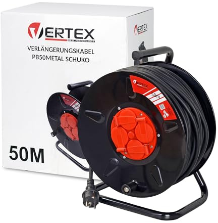VERTEX Kabeltrommel PB50 METALL, IP44, SCHUKO-Erdung, 4 Steckdosen, langlebig, hochwertiges Kabel, Thermosicherung, für Innen- und Außenbereich