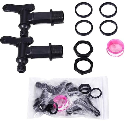 2 Stück Auslaufhahn für Regentonne, 3/4 Zoll Kunststoff Ersatzhahn, Mit Dichtung Kontermutter Dichtband, Heim Garten Wassertank Anschlüsse, für Wassertank Regenwassertonne Regenfass (Schwarz)