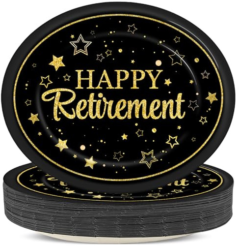 QOUBAI 50Pcs Happy Retirement Party Oval Plates 11 Inch Large Retirement Party Tableware Set Farewell Disposable Paper Plates We Will Miss You Dinnerware for Black Gold Holiday Decoration Supplies