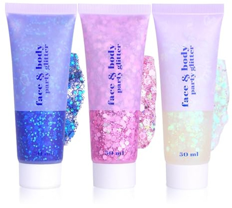 Sularpek 3 Pcs Face Glitter, 50ml Hair Glitter Gel, Sequins Shimmer Liquid Eyeshadow, Mermaid Sequins Festival Glitter for Face Body Eye Hair Festival Party Makeup Decoration