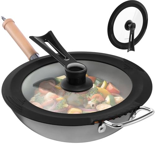 Navaris Universaldeckel Glasdeckel, Freistehender Griff, Universaldeckel für Pfannen 26/28/30cm, Hitzebeständiger Glasdeckel mit Silikonrand, Spülmaschinenfest, Schwarz