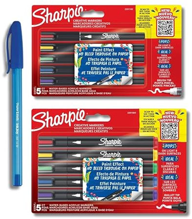 Sharpie Creative Marker Acrylic Paint Pens | Water-Based Paint Markers | No-Bleed Ink Writes on Most Surfaces| Brush Tip & Bullet Tip | 2 x 5 Count + PaperMate Pen Gift