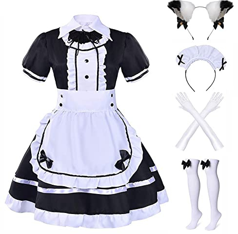 Harsever Women's Maid Dress Cosplay Set, Maid Costume Anime Cosplay Costume French Fancy Dress with Gloves Socks Headwear Halloween Costumes for Fancy Dress (XXL)