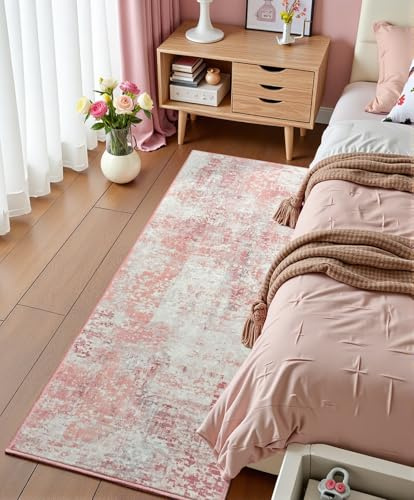 Flagover Pink Washable Runner Rug for Bedroom, Abstract Non-Slip Soft Entryway Rugs, Modern Low Pile Stain Resistant 2x6 Carpet for Entryway, Kitchen, Hallway, Bedside