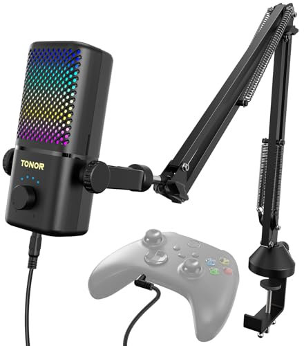 TONOR TCX3+ Gaming Mic Compatible with Xbox, RGB Streaming Microphone with Boom Arm 30H Battery Life,Low Noise, Monitoring, Gain Control,One Tap Mute, Fast Charging,Compatible with Capture Card,Black