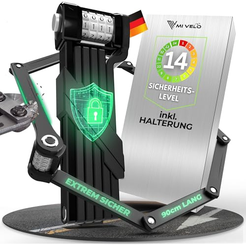 MIVELO Cykellås, hopfällbart, extra säkert, hopfällbart, kombinationslås med 10 000 möjliga kombinationer inklusive fäste, hjullås – lås för cykel och e-skoter, 90/120 cm (90 cm)
