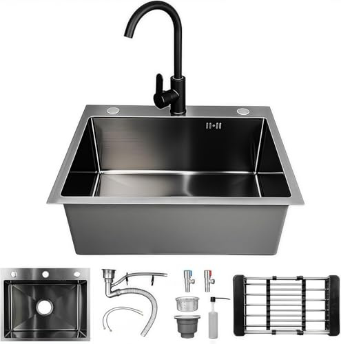 WUDLEP Spülbecken Schwarz 55×45cm, Waschbecken Küche mit Drainage Komponenten, Spüle Schwarz Edelstahl, Kücheneinbauspüle 3-Loch für Schränke mit einer Breite von mindestens 45 cm