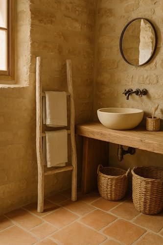 Biscottini Escalera toallero baño 108 x 32 x 3 – Escalera decorativa de madera – Escalera de madera para colgar toallas – Escalera toallero de bambú – Escalera toallero de pared de metal