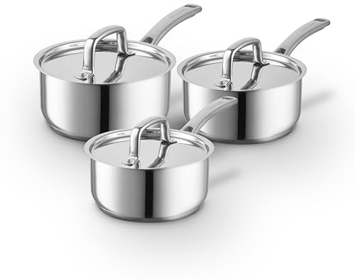 Sur La Table Core 3 Piece Saucepan Set with Lids, Riveted Steel Handles, Induction Compatible, 16cm/18cm/20cm Saucepans, Stainless Steel, SLT900224