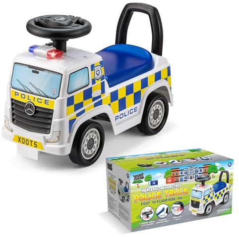 Xootz Mercedes Benz Police Foot to Floor Ride On, Officially Licensed Kids Ride On Car with Flashing Lights and Horn, Manual Ride On for Ages 18 Months+