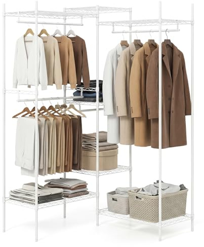 COSTWAY Stand Appendiabiti, Mobile Convertibile per Abiti con Installazione a L e Orizzontale, Appendiabiti con 7 Ripiani Regolabili in Filo Metallico e 4 Bastoni Appendiabiti, Portata 530 kg (Bianco)
