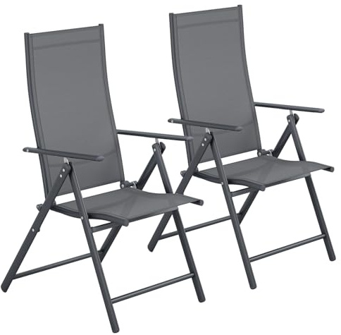 LIFERUN Gartenstuhl Hochlehner Klappbar 2er Set, 7-Fach Verstellbare Rückenlehne,Metall Gestell, Bis 120kg Belastbar, Leicht Klappstuh für Garten, Terrasse, Balkon und Camping, Dunkelgrau