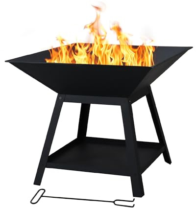 Braciere da Esterno a Legna in Ferro Verniciato a Polvere con Struttura Rialzata e Ripiano Inferiore, Fire Pit Quadrato da Giardino, Resistente alla Ruggine 56x56 cm