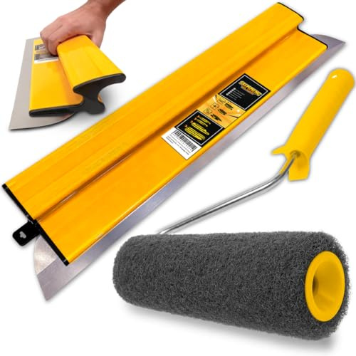 Set: Flächenspachtel 60 cm + Spachtelwalze 25 cm - Glättspachtel mit austauschbar Edelstahlklinge und ergonomischer Griff – Breitspachtel für Trockenbau, Wände & Decken