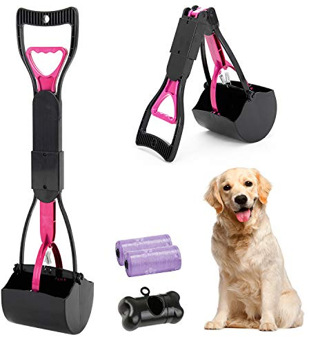Manico Animale Domestico Pooper Scooper e Tasche 24 Pollici per Cani, Easy Clean UP verrichten per Tutti Gli Animali Domestic, Portatile Scoop di Poop Dog con Dispenser, Cortile Pooper Scooper (Rosa)