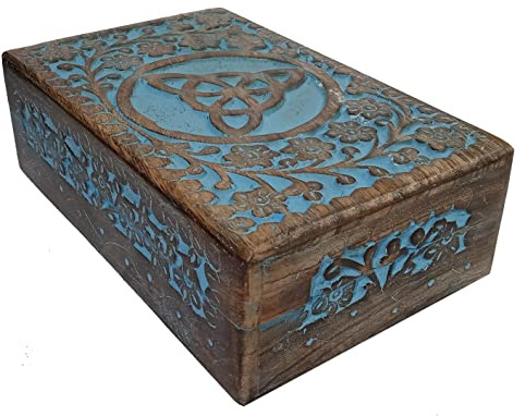 Purpledip Wooden Decorative Box 'Triskelion': Handcarved Intricate Design, Vintage Blue (12345A)