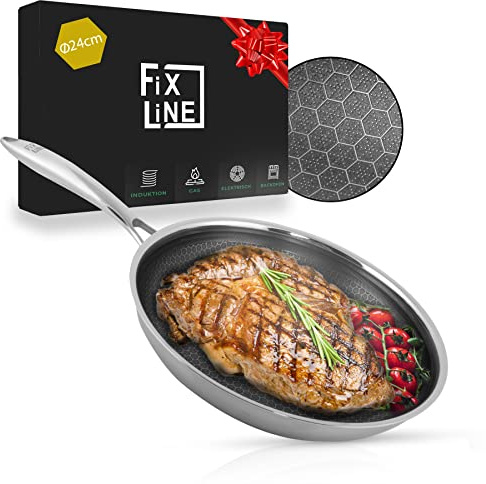 FIXLINE® Premium Wabenpfanne Ø24cm - alle Herdarten inkl. Induktion - Kratzfeste Antihaftbeschichtung - Backofen bis 230℃- Mr. Fix Wabendesign - Edelstahlpfanne für jeden Einsatz