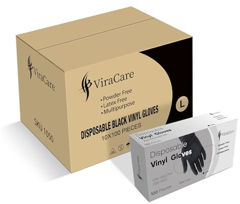 ViraCare 1000 x Black Disposable Gloves Large | Vinyl Gloves Disposable | Latex free Glove | Powder Free Glove | Strong And Non-Sterile | (Large, 10 Packs of 100)