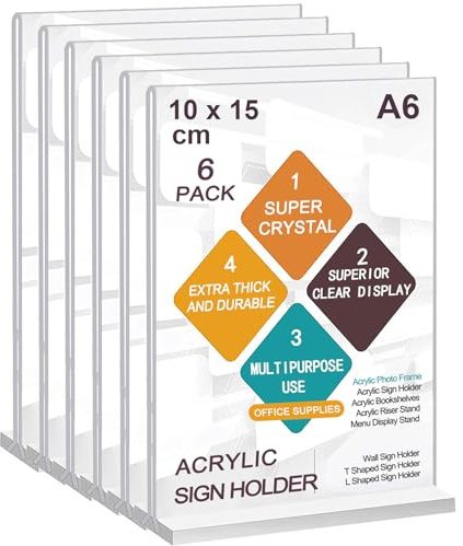 A6 Acrylic Sign Holder, 6 Pack T-Shape Display Stand Clear Menu Holders | ROSSHINE Double-Side Display Poster Holders for Office Shop Restaurant School Reception Desk