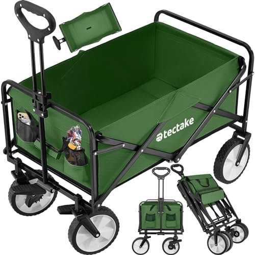 tectake Bollerwagen faltbar, Transportwagen klappbar, mit Tasche, Handwagen zum Ziehen, breite Gummireifen, Faltbarer Trolley zum Transport, für den Strand, im Garten, belastbar bis 80kg (grün)