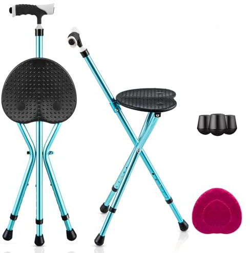 GYMAX Walking Stick Chair Combo, Folding Cane Seat with LED Light, Massage Seat Board & Ergonomic Handle, Adjustable Anti-Skid Walking Stick with Stool, Lightweight Outdoor Travel Rest Stool (Black)