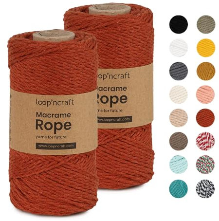 Macrame Garn, 2er-Set Ziegelfarbe, Loopncraft, 2mm - 240m, gedrehte Natürliche Baumwollseil, Recycling Garn