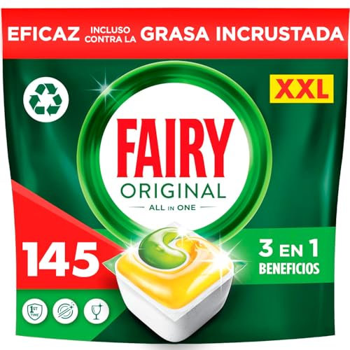Fairy Original Pastiglie Lavastoviglie, 145 Capsule, Limone, Detersivo Con Azione Pulente Al Primo Lavaggio, Efficace Sul Grasso Incrostato Con Azione Brillante