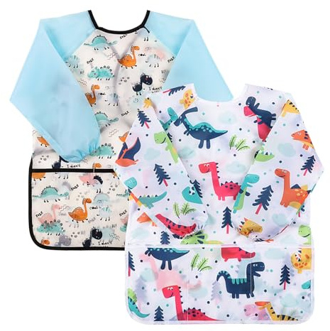 saerryor 2PCS Kids Painting Apron Toddler Apron Art Smock for Kids Long-Sleeve Waterproof Painting Aprons, Painting,Cooking,Eating,Arts & Crafts Artist Apronfor Children Ages 3-8, Dinosaur
