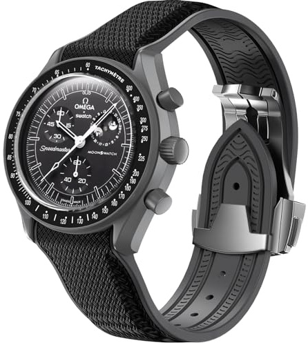 REBANDACE Strap for Omega x Swatch MoonSwatch Watch 20mm,Folding Buckle Band Compatible Moonswatch Speedmaster,Curved No Gap Replacement Strap fo Men Women (Black)