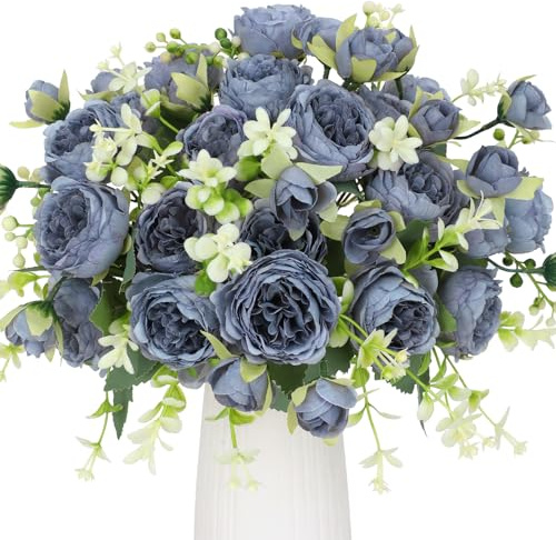 Floweroyal 4 Bunches Peony Artificial Flowers Gray Blue Flowers Silk Peonies Bouquets for Wedding Party Table Centerpieces Floral Arrangement Home Kitchen Decor.