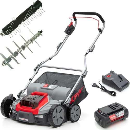 IKRA BOSCH 36V Akku 3in1 Vertikutierer Rasenlüfter IB-SR 36, Fangkorb 45l, Arbeitsbreite 36cm, inkl. Akku 36V 4Ah & Ladegerät