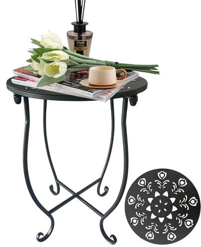ZEECER Outdoor Side Table, 14-inch Round Small Outdoor Table with Flower Cut-out Design, Modern Portable Rust-proof Metal Patio Table for Outside Garden Coffee Table & Indoor Use 1 Pack