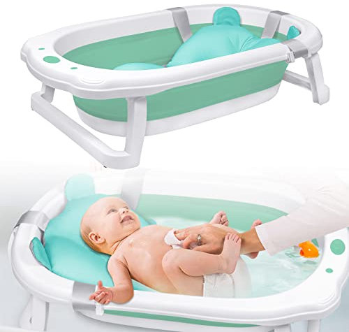 TANYEAR Baby Badewanne Faltbare, Kinderbadewanne mit Badekissen, Baby Bathtub Kinderbadewanne Babybadewanne inkl. rutschfesten Füßen, für Kinder ab 0 Monaten, Grün