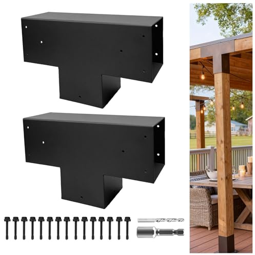 DEVALLEY Kit de soportes de pérgola en forma de T de 3 vías, soportes de carpintería para pérgolas de patio, cenadores, cabaña de troncos con accesorios, 2 unidades