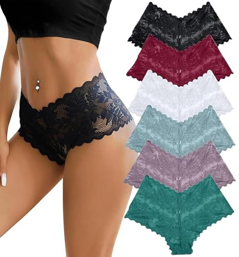 HAGOT 6PCS Women Lace Panties, Lace Sexy Underwear for Women, Hipster Panties, Ultra Thin Boxer Briefs, M