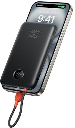 VIYISI 10000 mAh Power Bank Slim QC 22.5W Max Small Portable Charger Fast Charging with Built-in Type-C Cable PD 20W Compatible with iPhone 17 16 15 Samsung Type-C Phones - Black