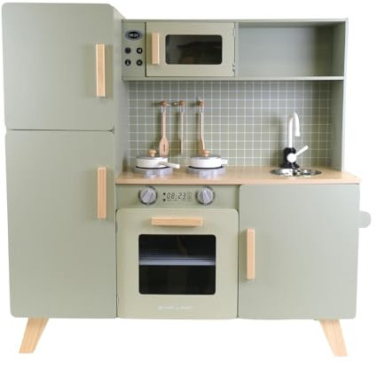 Bandits & Angels Holz-Kinderküche XL Modern Green ab 3 Jahren – Thekenhöhe 52 cm – Inkl. 5 Zubehörteile - Für Jungen und Mädchen - Kinderküche - Spielzeugküche - Grüne Spielküche