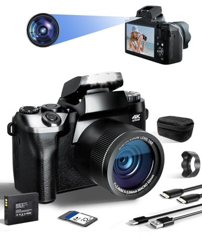 SWE Digitalkamera 4K 64MP Digital Kamera Fotokamera mit 4.0 Touchscreen, Autofokus WiFi Kompaktkamera 16X Digitalzoom Fotoapparat Camera für Einsteiger mit 32G Karte 3000mAh Akku Tasche - Doppellinse