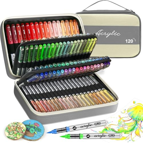 VividHues 120 colors Acrylstifte Set – Brush Tip Acrylmarker für Steine, Holz, Glas, Keramik, Metall, Leinwand – Acryl Paint Marker, Schnell trocknend, Ungiftig, Ideal für DIY und Basteln (Grau)