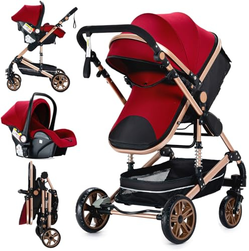 Veitoalioy Carrito Bebe 3 en 1, Cochecito de Bebé Conveniente y Multifuncional. Portátil Cochecito Plegable, Carrito de Paisaje Alto Se puede empujar hacia adelante y hacia atrás (739 Red)
