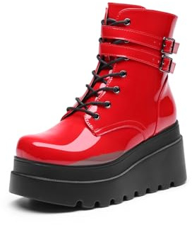DREAM PAIRS Bottines de moto à talons hauts et à lacets pour femme, Rouge, 39.5 EU