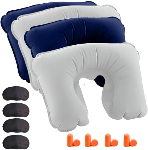 4 Kit Almohada Hinchable Viaje Cuello Avion - Cojin Inflable Cervical Avión para Viaje con Antifaz y Tapones - Collarin Cervical Inflable Cervicales y Reposa Cuello - Cojín Dormir - Travel Pillow