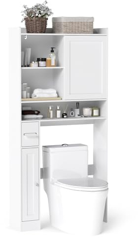Multigot Over Toilet Cabinet, Freestanding Toilet Space Saver with Sliding Door, Open Shelves & Adjustable Shelves, Storage Cupboard Unit for Bathroom Laundry Room
