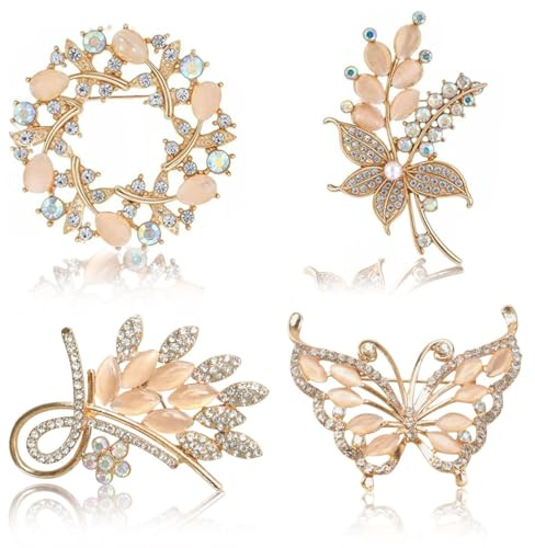 Cheynn Set med 4 broscher för kvinnor - Kristallblom - Strass - Blombukett - Brosch med gyllene opal - Elegant klädbrosch - För brud, bröllop, sjal, kappa